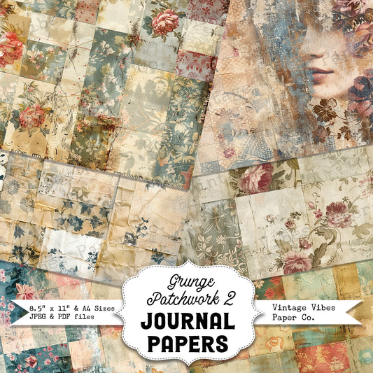 Grunge patchwork patterned Junk journal digital papers, grungy textured mixed media themed background papers for scrapbooking and collage