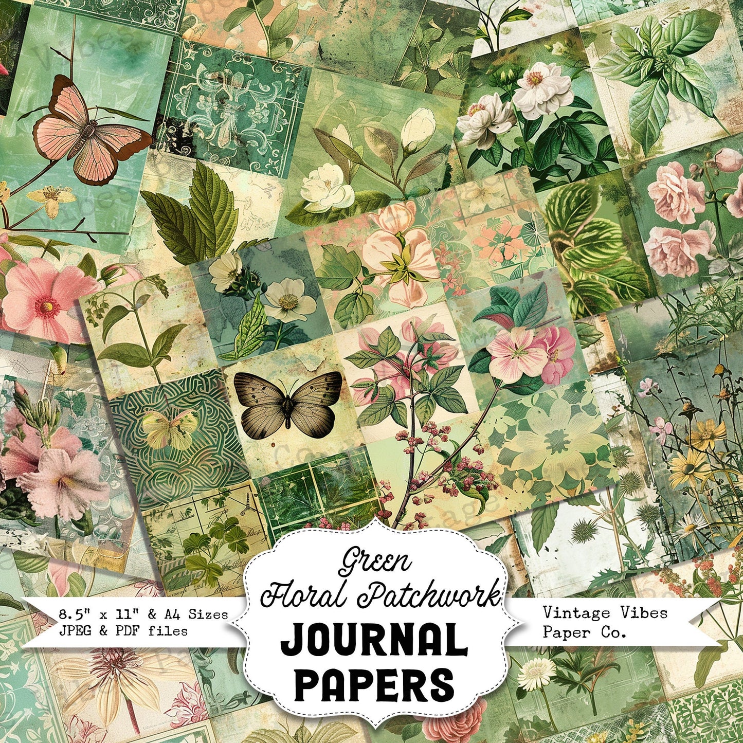 Green patchwork patterned Junk journal digital papers, Vintage style mixed media themed background papers for scrapbooking and collage