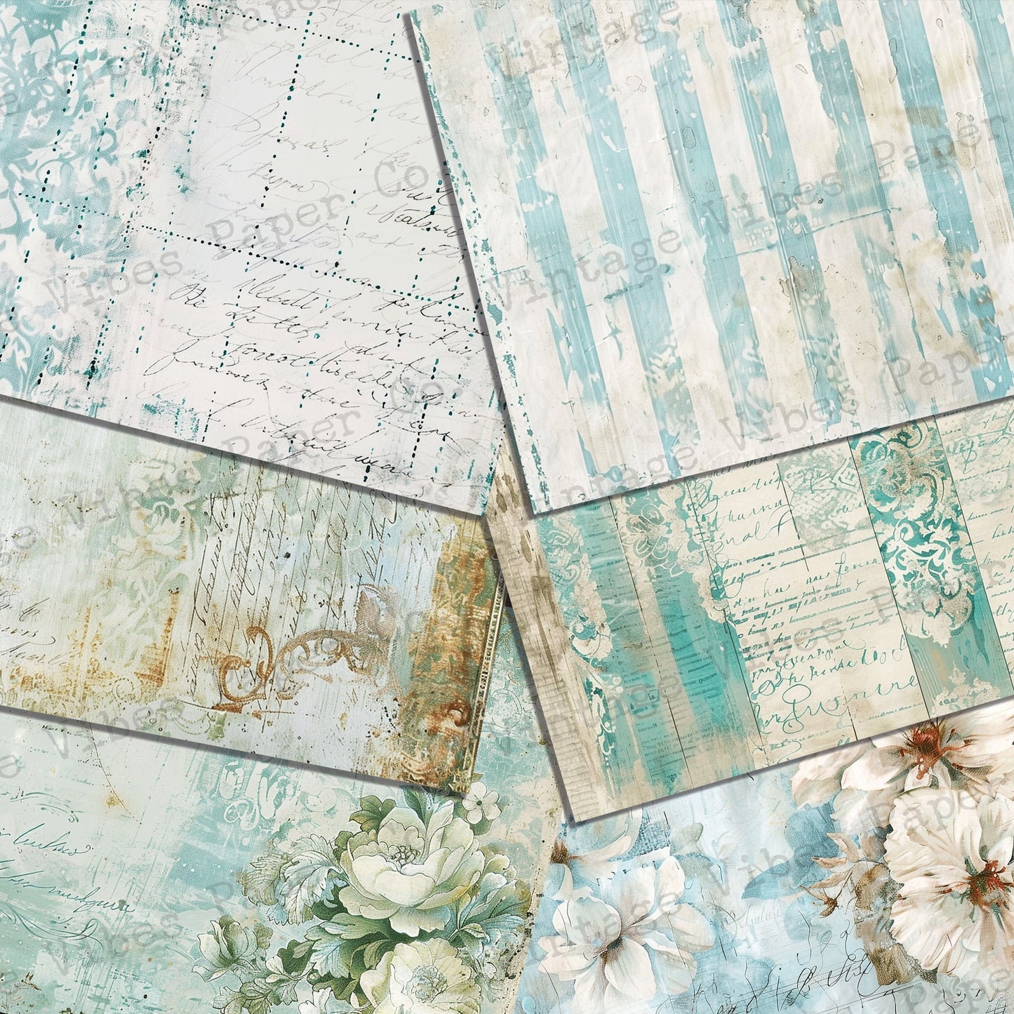 Aqua Shabby background Junk journal digital paper 64 pages