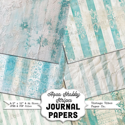 Aqua Shabby stiped backgrounds Junk journal digital papers, grungy stipe mixed media themed background papers for scrapbooking, collage