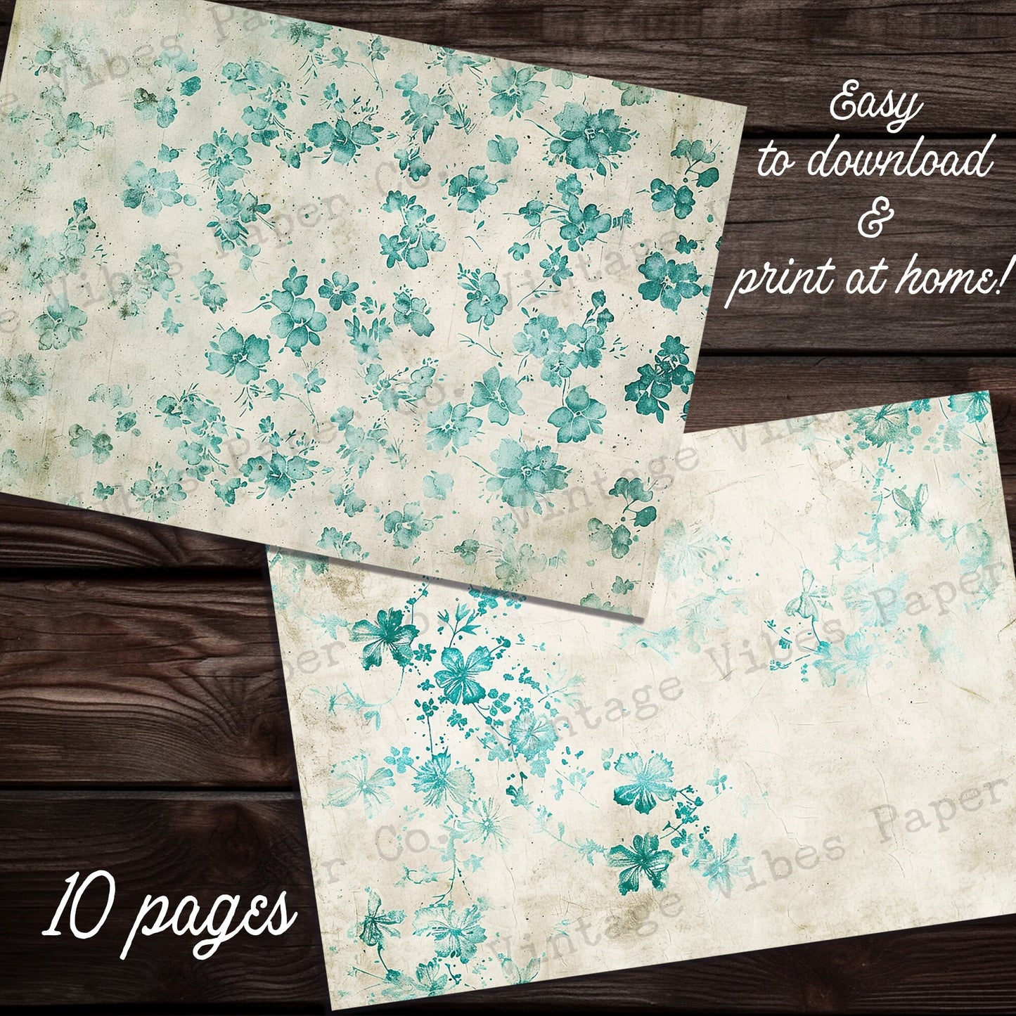 Aqua Vintage small flowers Junk journal digital papers, grungy ditsy floral mixed media themed background papers for scrapbooking, collage