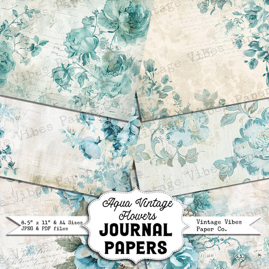 Aqua Vintage flowers Junk journal digital papers, grungy floral mixed media themed background papers for scrapbooking, collage & more