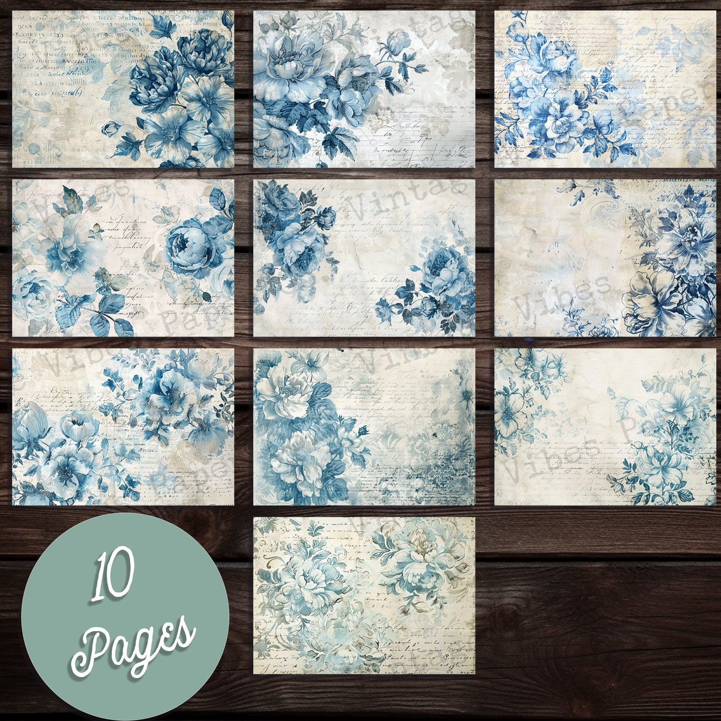 Blue Vintage Shabby floral backgrounds Junk journal digital papers, grungy textured mixed media themed background papers for scrapbooking