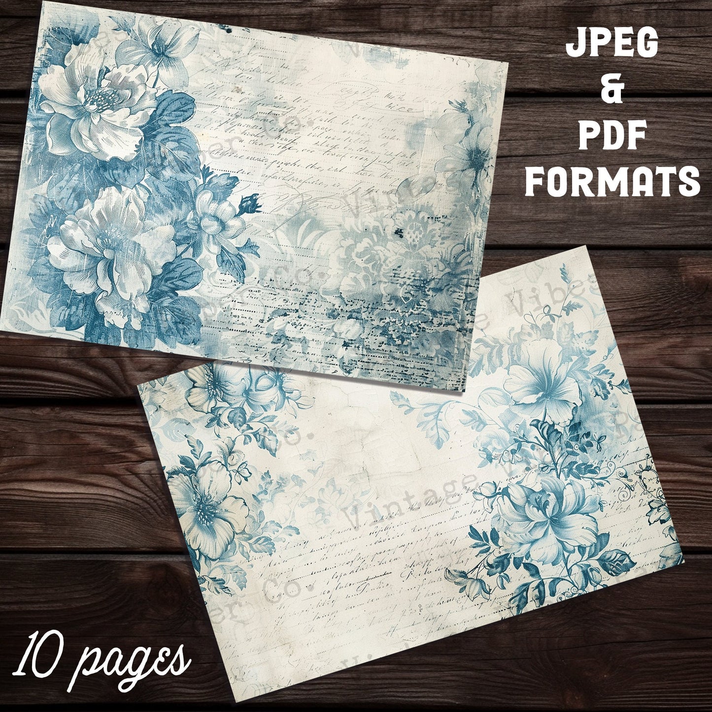 Blue Vintage Shabby floral backgrounds Junk journal digital papers, grungy textured mixed media themed background papers for scrapbooking