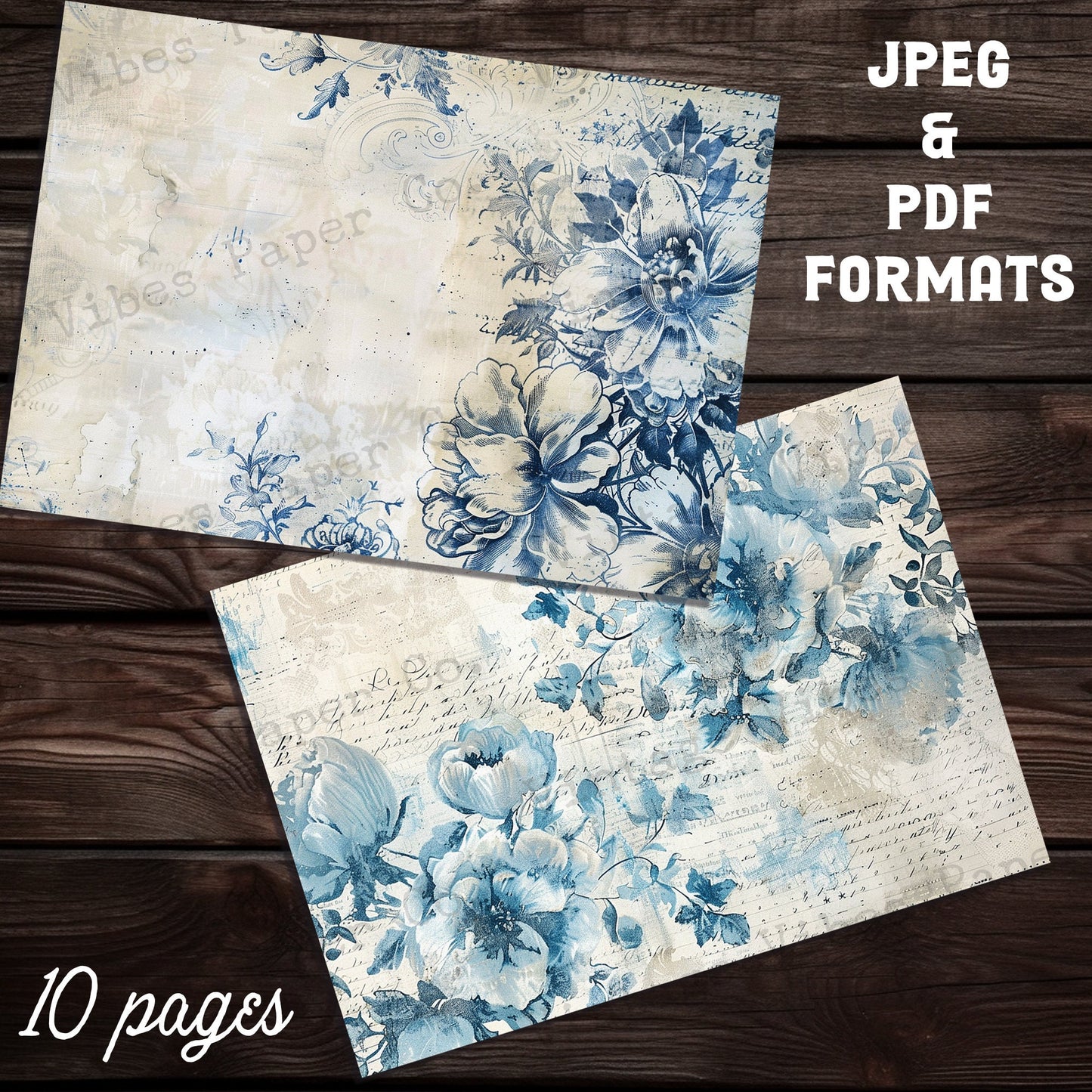 Blue Vintage Shabby floral backgrounds Junk journal digital papers, grungy textured mixed media themed background papers for scrapbooking