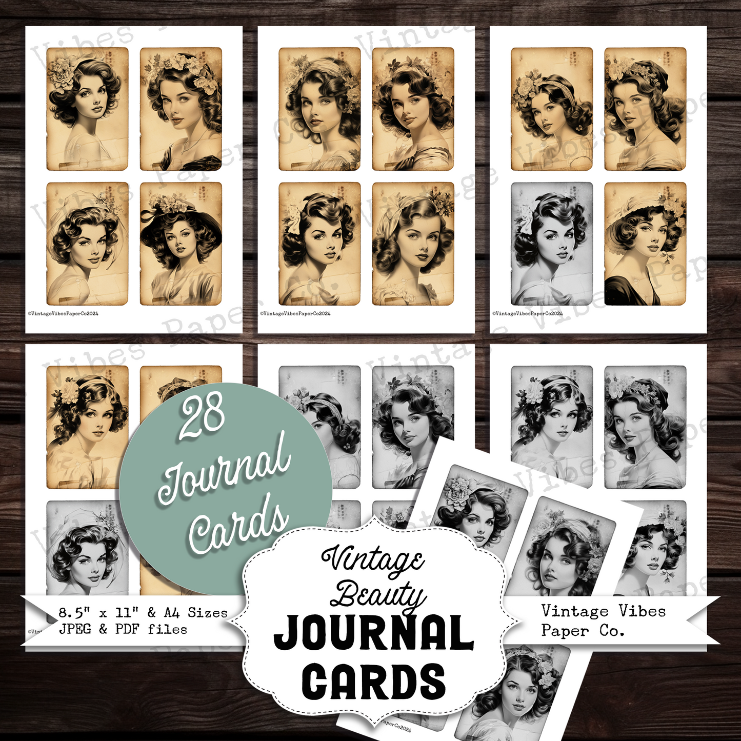 Vintage beauty Junk journal card kit, Vintage lady black & white and sepia junk journal card ephemera, 28 card toppers