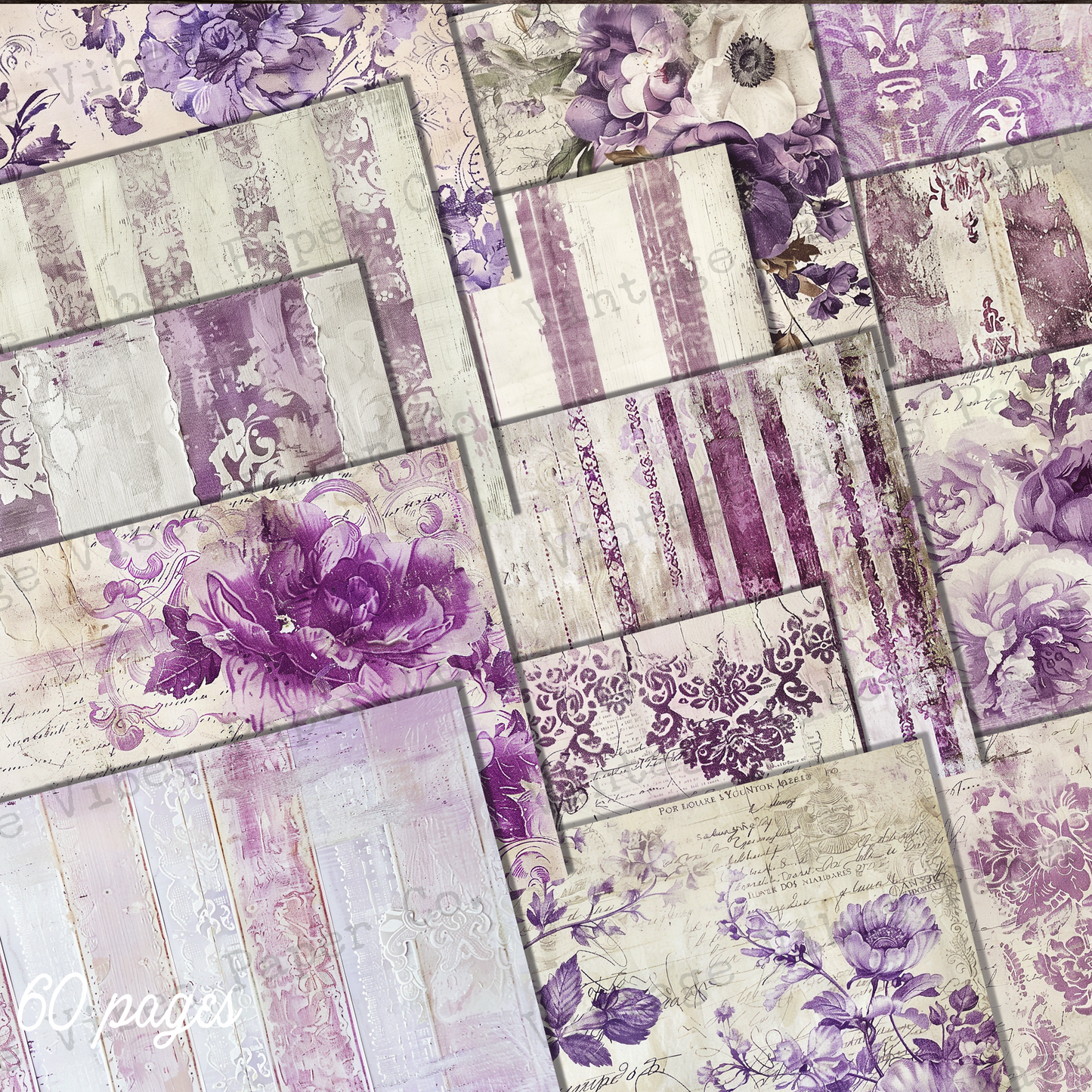 Purple Shabby background Junk journal digital paper 64 pages