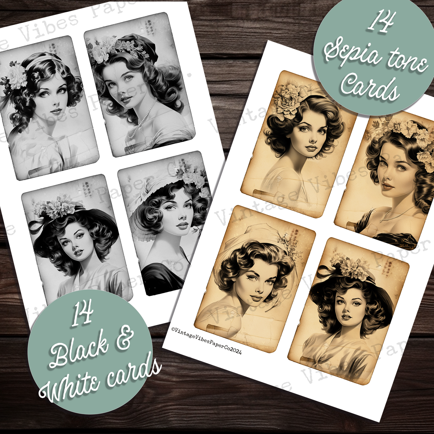 Vintage beauty Junk journal card kit, Vintage lady black & white and sepia junk journal card ephemera, 28 card toppers