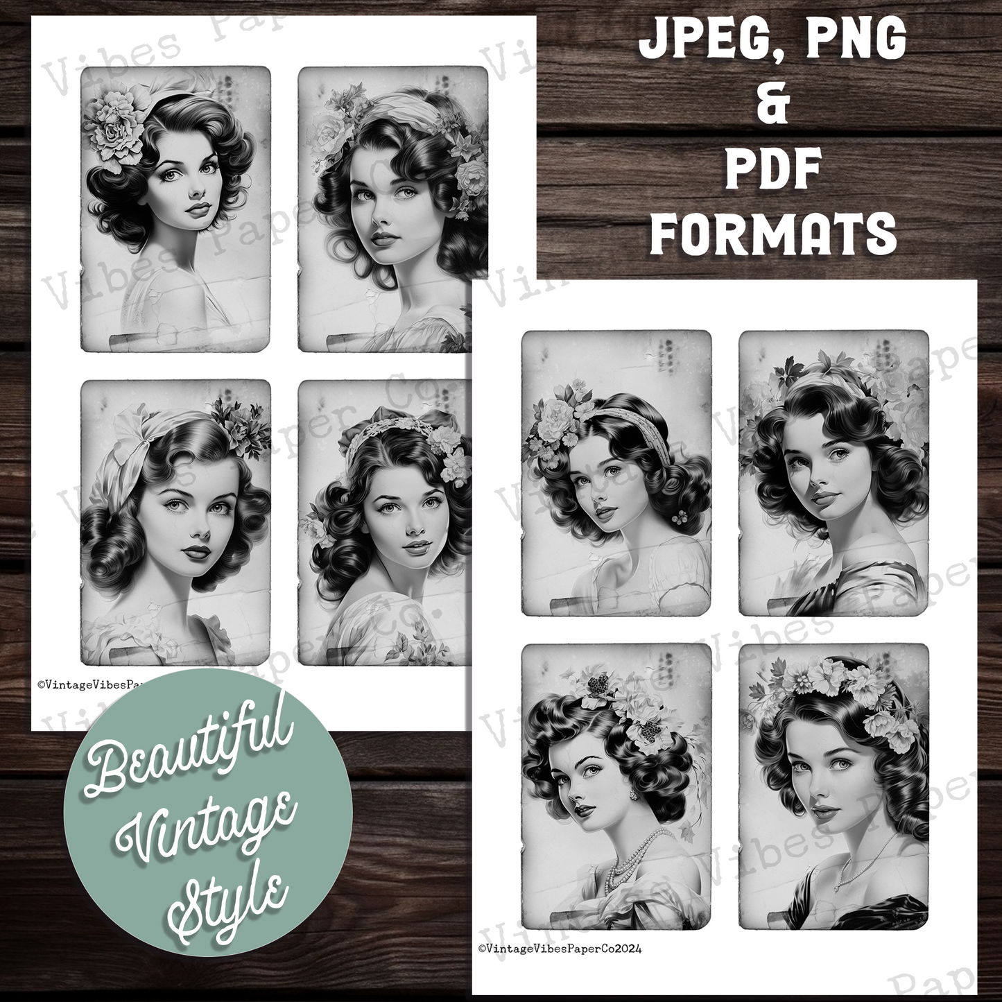 Vintage beauty Junk journal card kit, Vintage lady black & white and sepia junk journal card ephemera, 28 card toppers