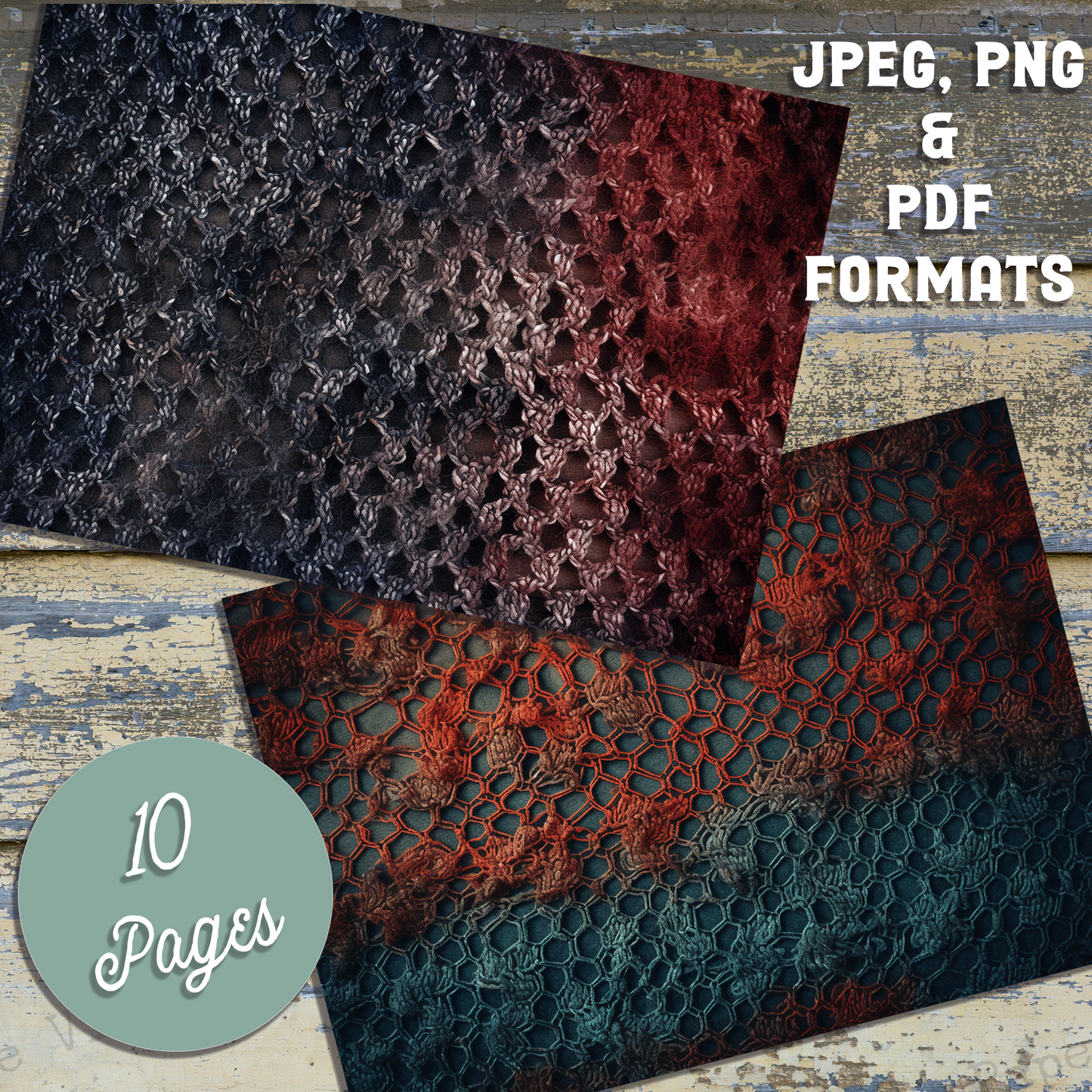 Red & Blue Grunge Net digital papers, Rustic textured grungy fabric printable paper pack for junk journals and mixed media projects