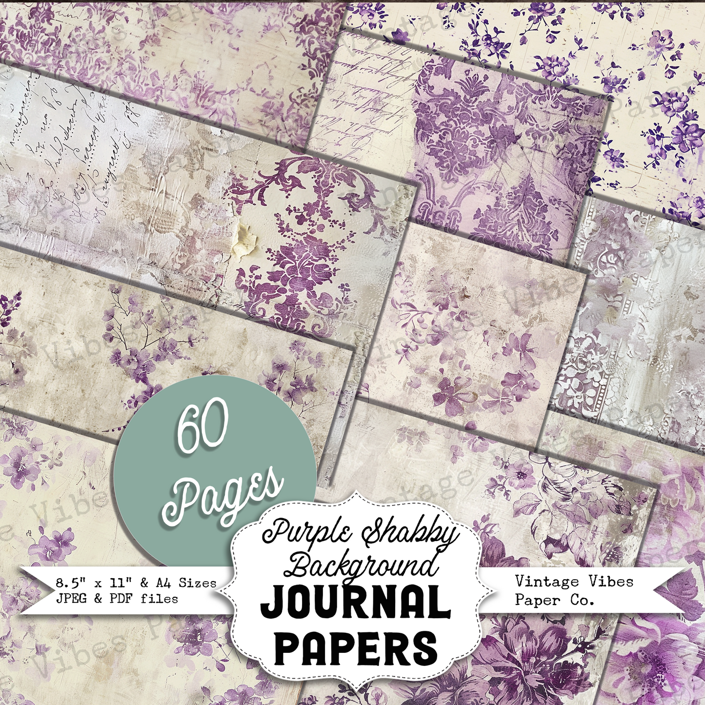 Purple Shabby background Junk journal digital paper 64 pages