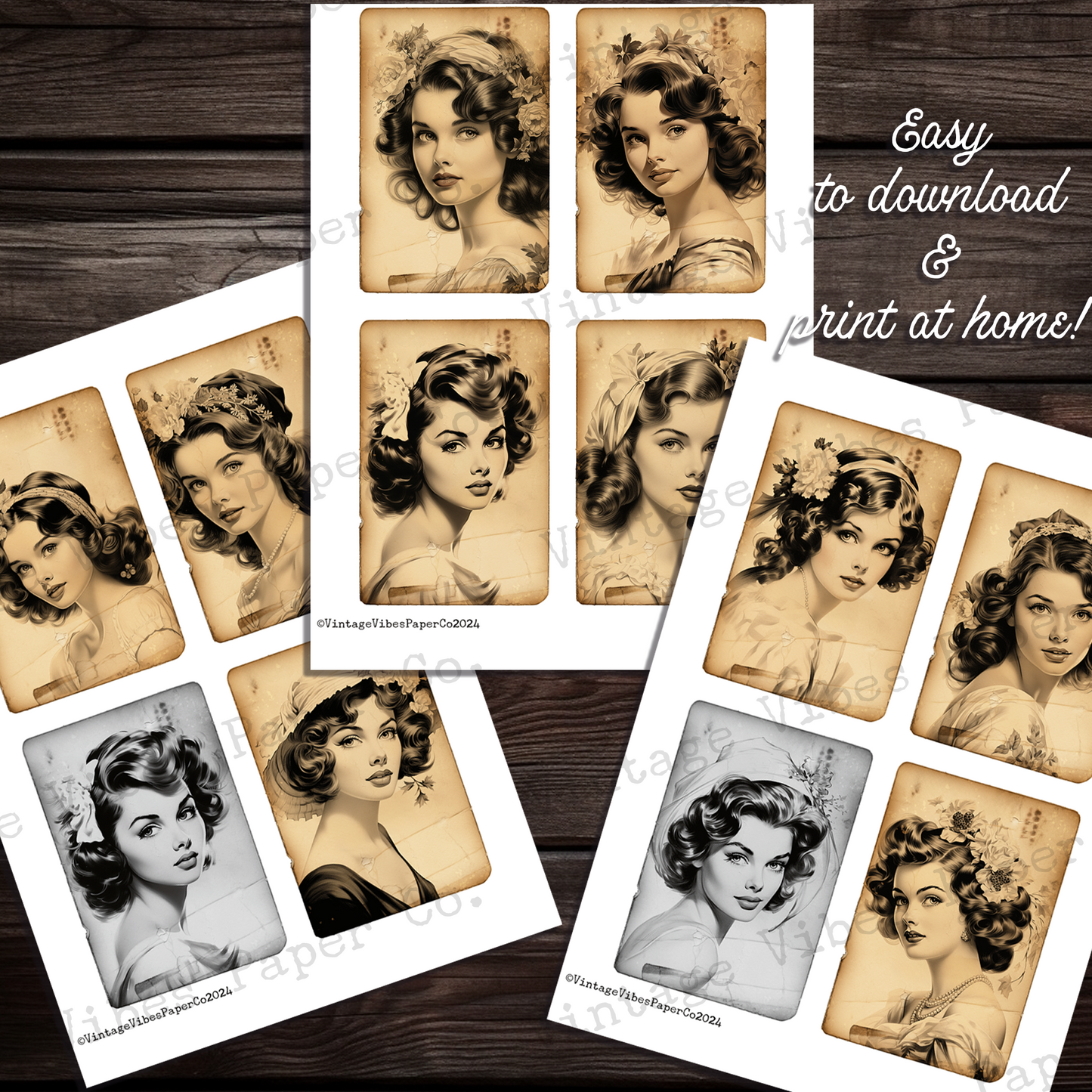 Vintage beauty Junk journal card kit, Vintage lady black & white and sepia junk journal card ephemera, 28 card toppers