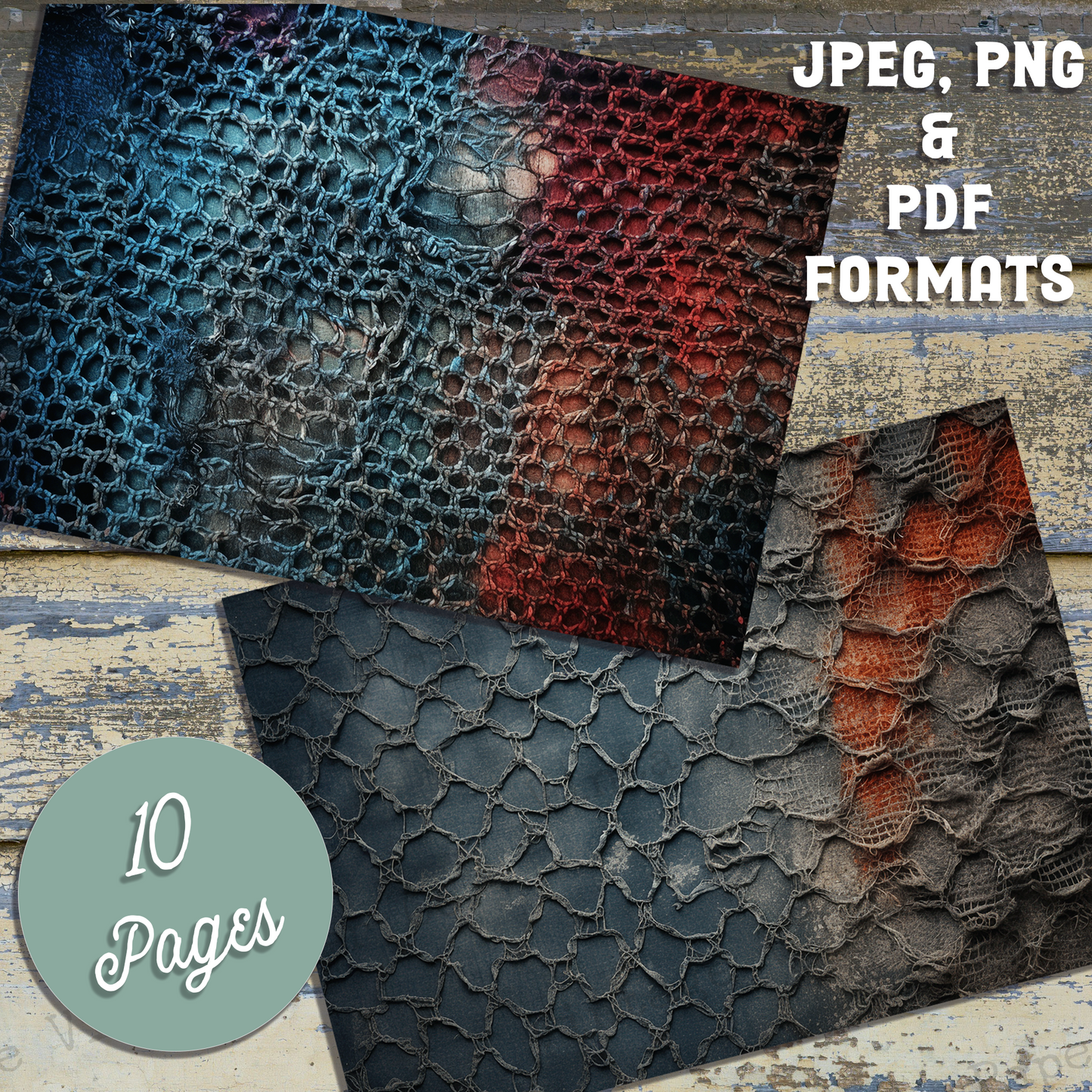 Red & Blue Grunge Net digital papers, Rustic textured grungy fabric printable paper pack for junk journals and mixed media projects