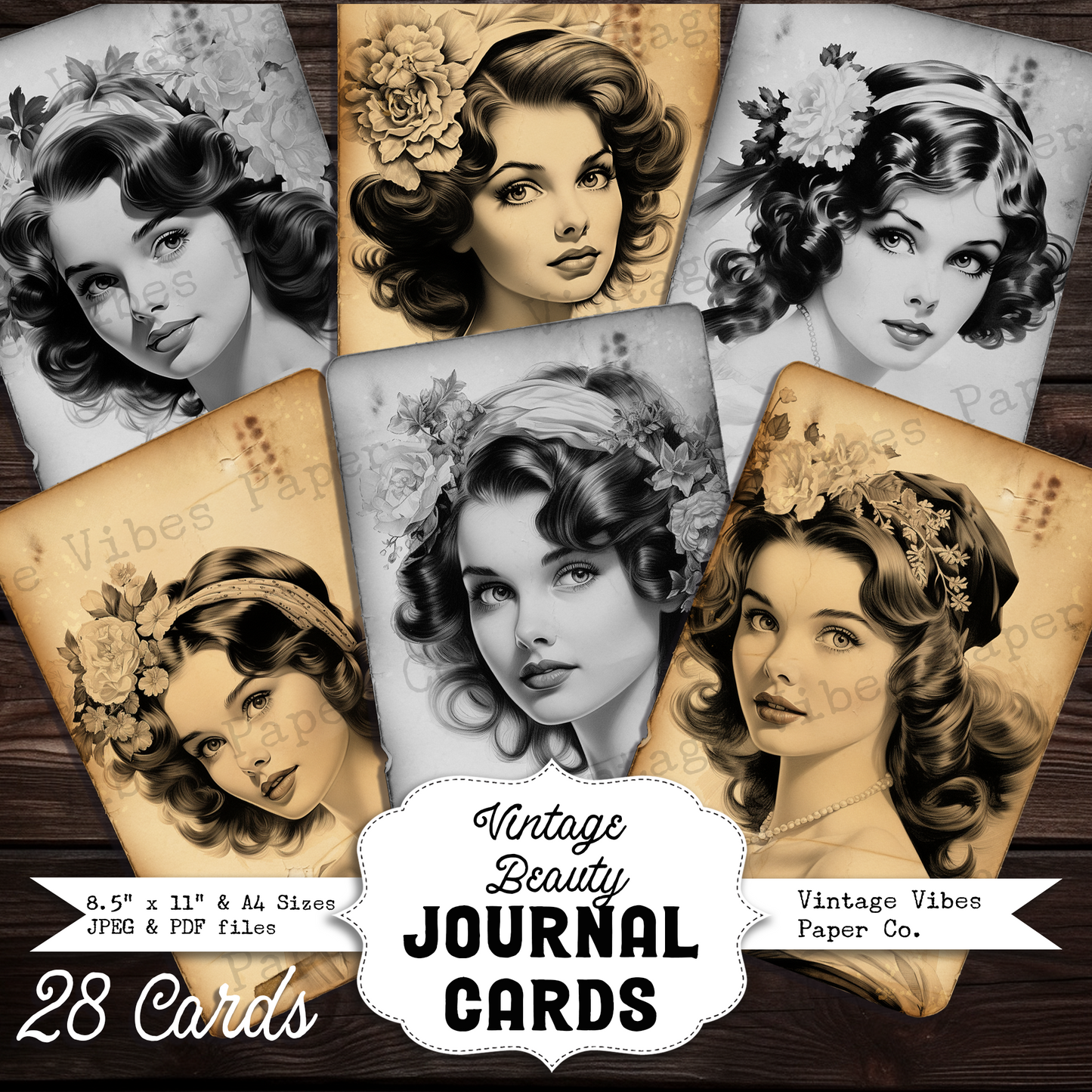 Vintage beauty Junk journal card kit, Vintage lady black & white and sepia junk journal card ephemera, 28 card toppers