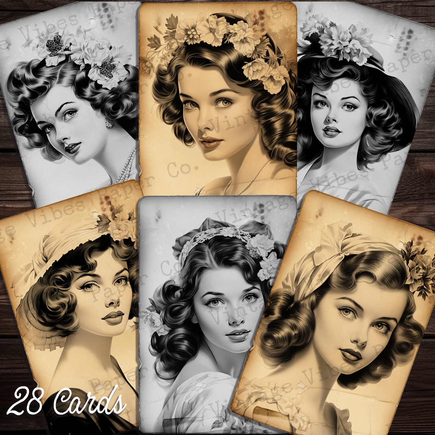 Vintage beauty Junk journal card kit, Vintage lady black & white and sepia junk journal card ephemera, 28 card toppers