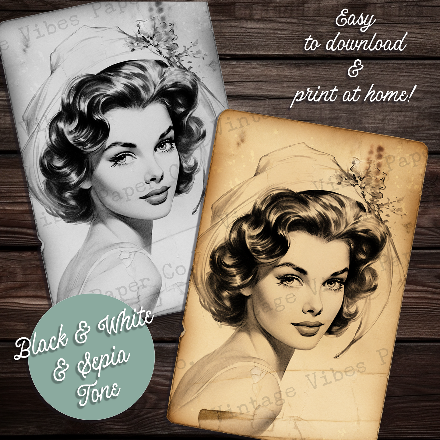 Vintage beauty Junk journal card kit, Vintage lady black & white and sepia junk journal card ephemera, 28 card toppers