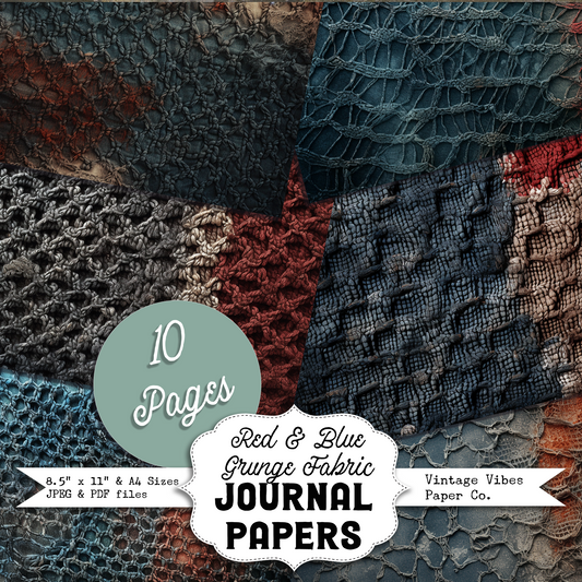 Red & Blue Grunge Net digital papers, Rustic textured grungy fabric printable paper pack for junk journals and mixed media projects