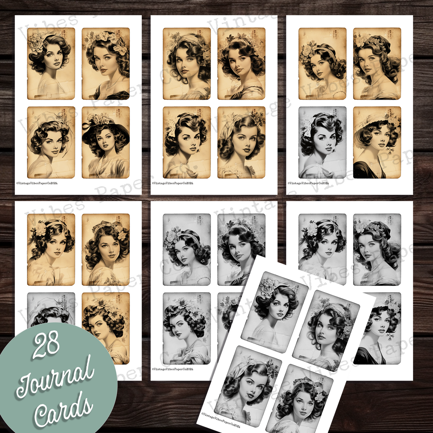 Vintage beauty Junk journal card kit, Vintage lady black & white and sepia junk journal card ephemera, 28 card toppers