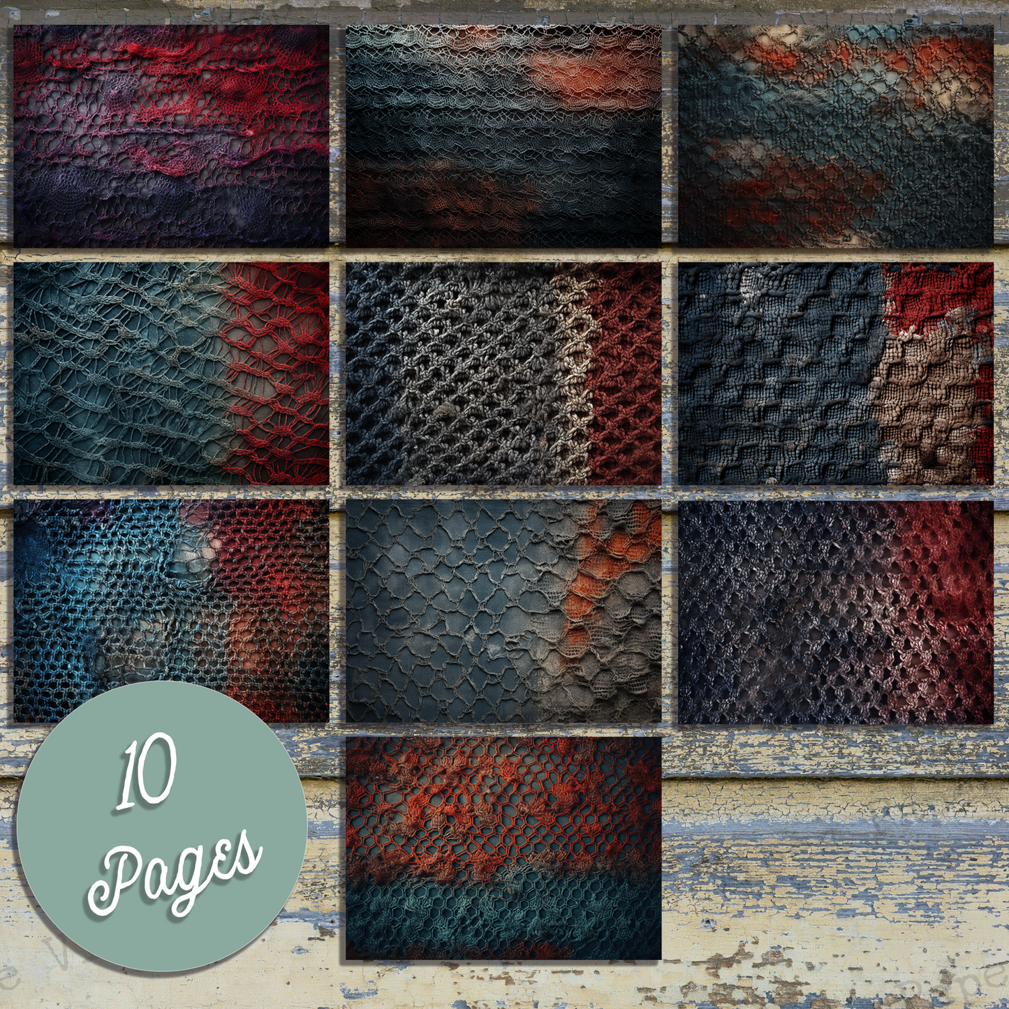 Red & Blue Grunge Net digital papers, Rustic textured grungy fabric printable paper pack for junk journals and mixed media projects