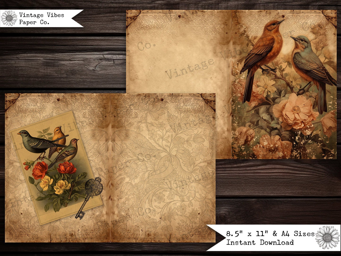 Birds Junk Journal Kit, Vintage bird journal pages, printable collage sheets, digital junk journal spring birds, floral bird junk journal