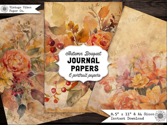 Autumn bouquet junk journal papers, fall junk journal digital paper kit, 6 portrait junk journal papers, A4 & US paper size, Autumn theme