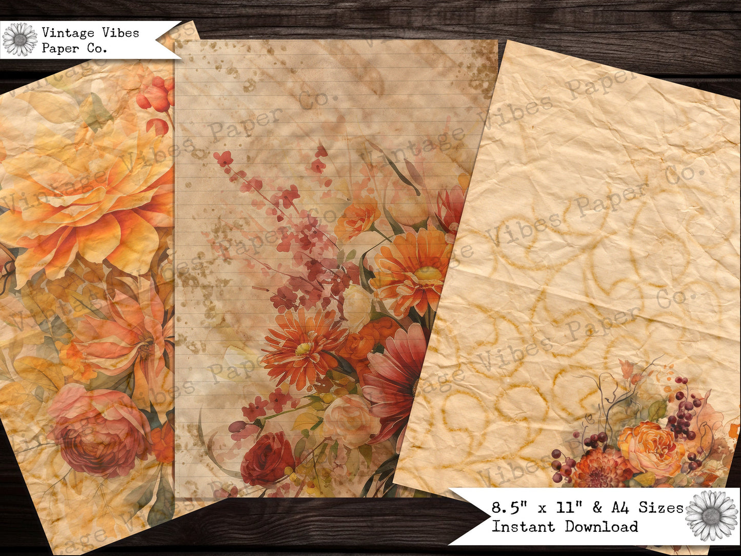 Autumn bouquet junk journal papers, fall junk journal digital paper kit, 6 portrait junk journal papers, A4 & US paper size, Autumn theme