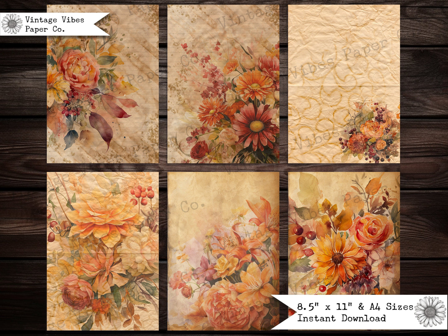 Autumn bouquet junk journal papers, fall junk journal digital paper kit, 6 portrait junk journal papers, A4 & US paper size, Autumn theme