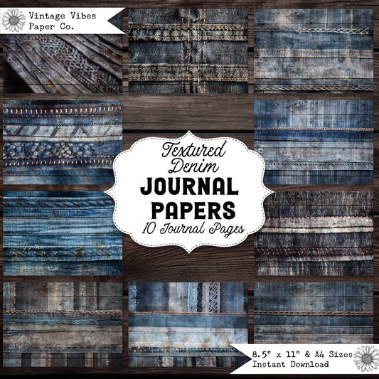 Junk Journal Papers Textured denim, grunge style collection of printable old blue denim digital paper, perfect for grunge sewing journal